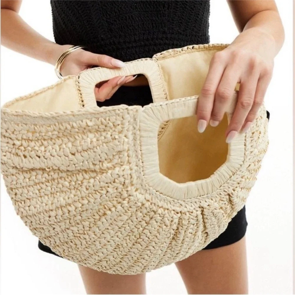 Woven Straw Half-Moon Hobo Tote in Natural Tan